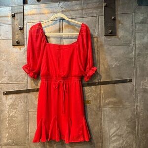 Chic red puff sleeve dress with tie waist—bold, feminine & effortlessly stylish.